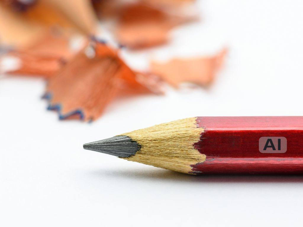 Crayon rouge taillé portant l’inscription AI, avec des copeaux de bois derrière lui