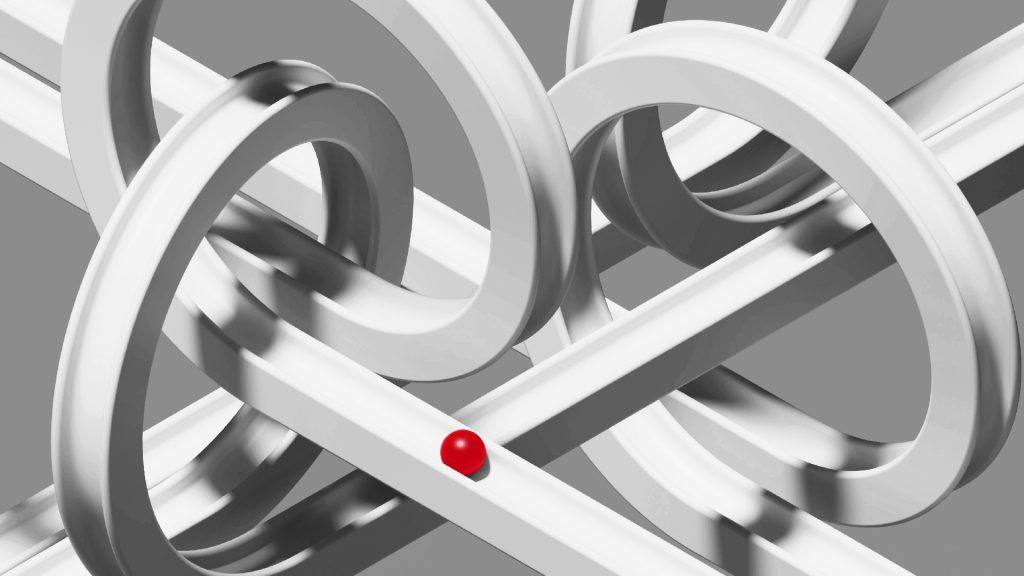 Anneaux et rails blancs avec une seule bille rouge, image abstraite de l’écosystème marketing