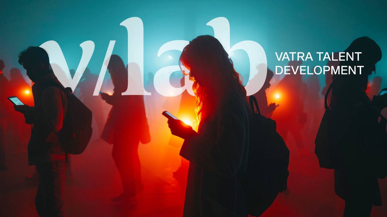 Silhouettes de personnes regardant leur téléphone sous le logo v/lab, Vatra Talent Development