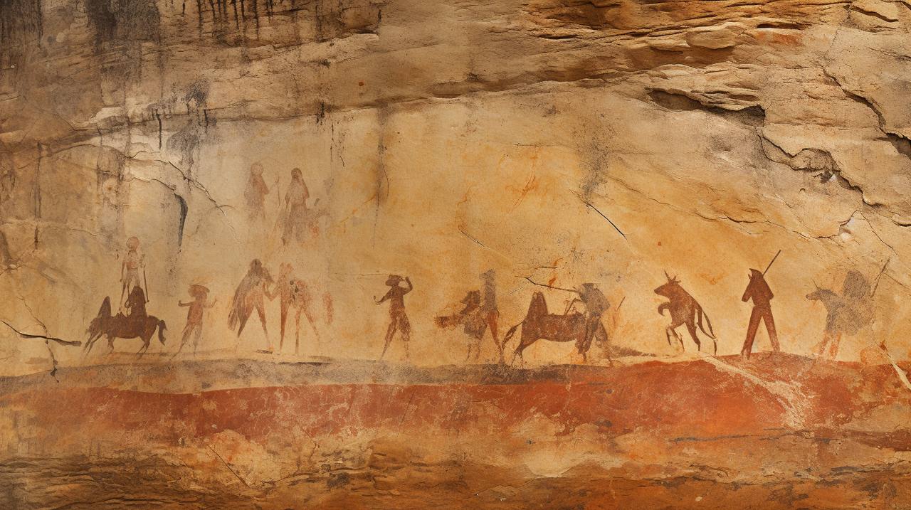 Peinture rupestre de personnes et d’animaux sur une paroi rocheuse